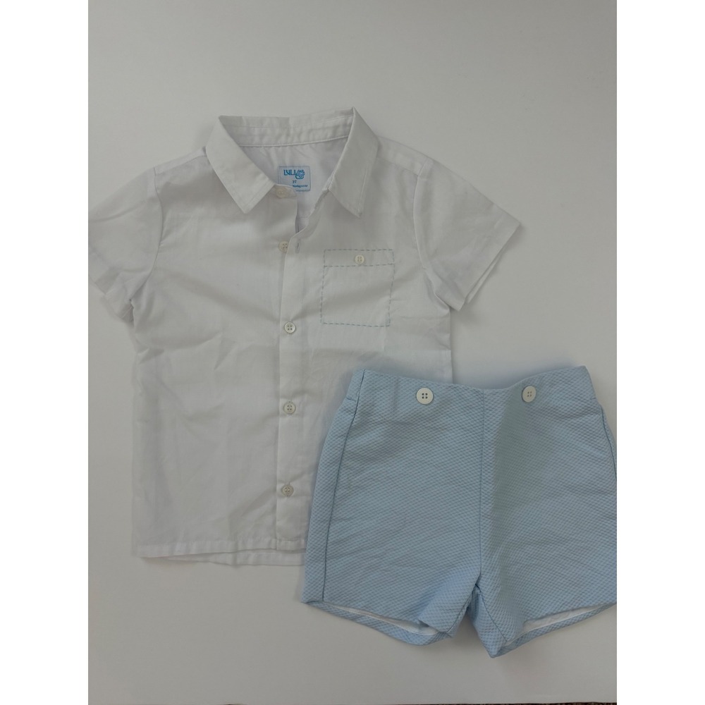 Luli & Me Boys 3T White Button Down Shirt and 2T Blue Textured Shorts